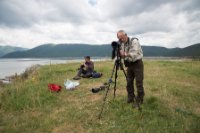 LBL1703747-1200  Julian Hoffman and Leif watching birds from hill-top of Krina, Prespa. photo: Ella Maria Bisschop-Larsen.